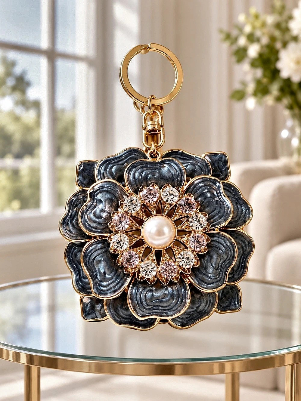 Floral Rhinestone Bag and Key Charm in Black & Gold New